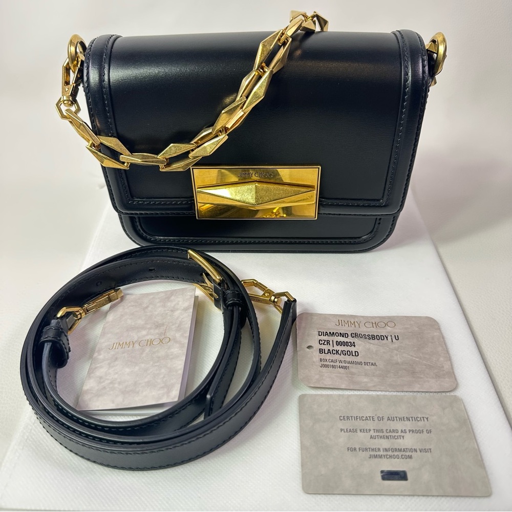 NEW JIMMY CHOO DIAMOND CROSSBODY BLACK LEATHER METAL NWT! - Picture 3 of 12